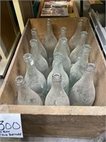 OLD WOODEN BOX W/ LARGE GLASS BOTTLES