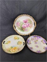 Trio of Antique Hand-painted Handled Cake Plates