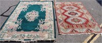 RED ASIAN RUG + GREEN & TAN FLORAL RUG