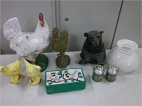 cement chickens, cast rooster, tote & lid
