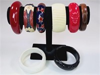 8 Vintage Bangle Bracelets: Wood, Signed, Plastic