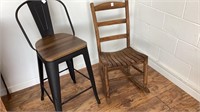 2 chairs, 1 is pub style with wood seat, metal