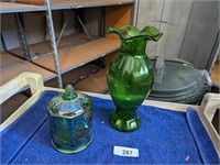 Green Carnival Glass Dish & Vase