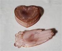 Pink Opalescent Glass Heart Box & Open Hand Tray