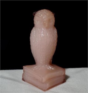 Pink Opalescent Glass Owl Paperweight Figurine