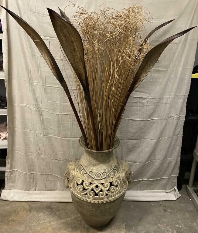 Elephant Urn Vase with Decorative Reeds