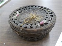 Early sewing basket, Oriental coins 7.5" dia