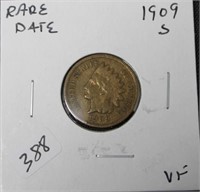 1909 S INDIAN HEAD CENT VF RARE DATE