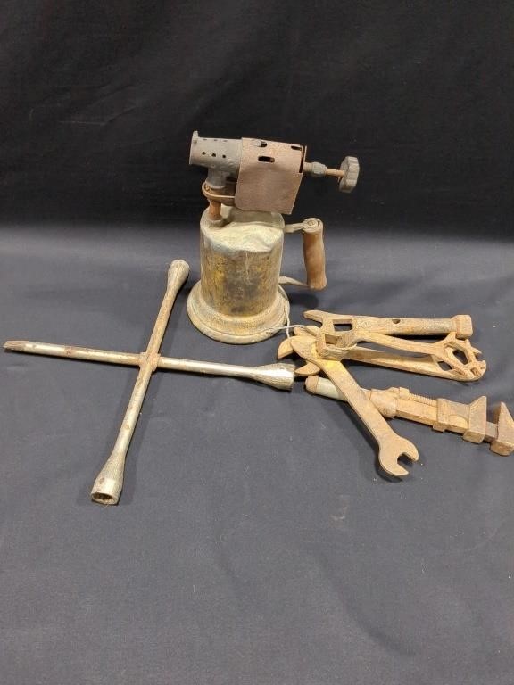 Antique blow torch, tools