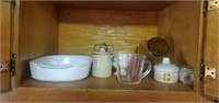 Shelf lot of cooking ware, measuring cup, and