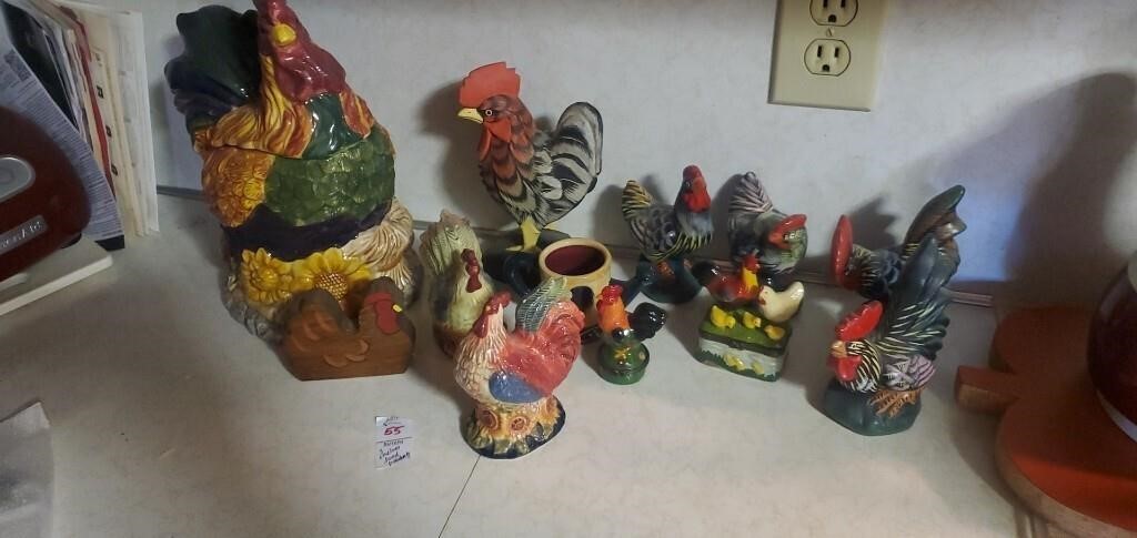 Ceramic roosters shakers figurines  wood roosters
