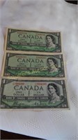 3- 1954 Canadian $1 Bill