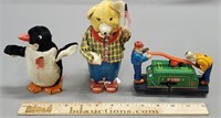 3 Wind Up Toys, Bear, Penguin, Rail Road