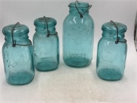 -4 ball bicentennial canning jars, one blue