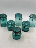 -6 ball bicentennial canning jars, two blue pint
