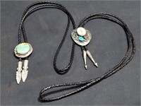 Turquoise, coral & silver plate bolo ties