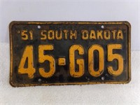 1951 South Dakota License Plate Black & Orange