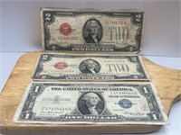 TWO Red Seal $2 Bills & ONE Blue Seal $1 Bill