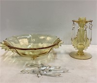 Yellow Glass Console Bowl & Prism Candleholder