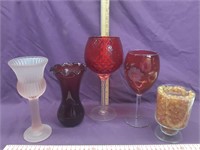 Vase and Candle Lot with Ruby Glass