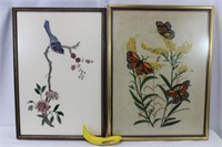 Beautiful Vintage Blue Bird & Butterfly Crewel Art