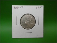 1943  Canadian .800 Silver Quarter  A U 55