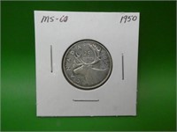 1950  Canadian .800 Silver Quarter  M S 60