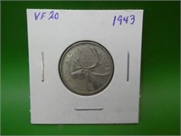 1943  Canadian .800 Silver Quarter  V F 20