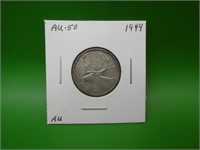 1949  Canadian .800 Silver Quarter  A U 50