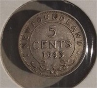 1943 NFLD Sterling 5 Cents AU50