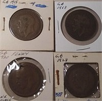 Four Vintage Great Britain Pennies 1915,18,20