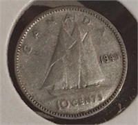 1949 Canada Silver 10 Cent Coin VF20