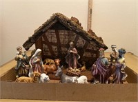 Wooden Nativity Scene w/ Ceramic Figures