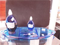 Group of blue glass items: 15" dresser  tray