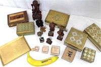 18 Pcs. Hand-Made Wooden Boxes, Figurines, Dice++