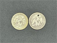 2 - 1858-O half dollar silver coins