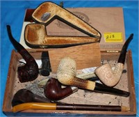 CIGAR BOX WITH MEERSCHAUM AND WOODEN PIPES