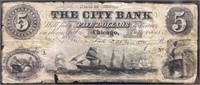 1852 The City Bank Chicago $5 Banknote
