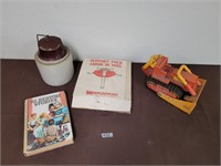 Antiques: tractor, book, xmas tree stand, pottery