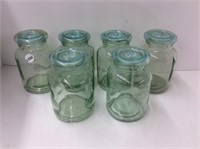 6 green mason jars, with blue glass lids, 5 1/2
