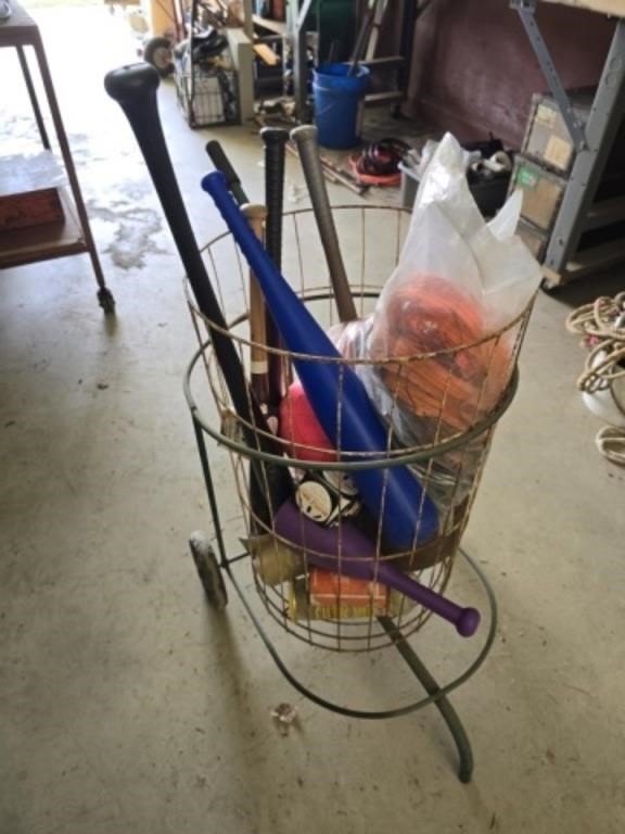 Vintage roll around cart with sports items