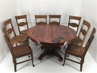 VINTAGE OAK DINING TABLE, 8 OAK CHAIRS, TWO LEAVES