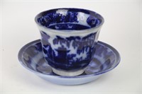 19TH C. FLOW BLUE HANDLELESS CUP AND SAUCER