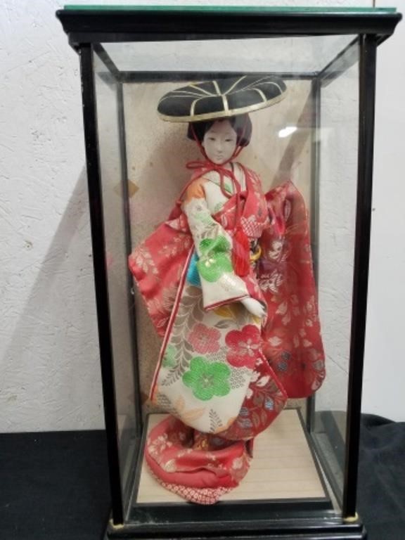 9x 6.5 x 17.5 in display case with Oriental doll