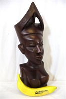 African Hand-Carved Iron Wood Bust Of Woman