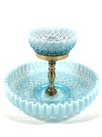 Diamond Pattern Hobnail Blue Glass Epergne Candle