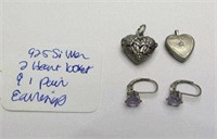 925 Silver 2 Heart Locket's & Pair of Earrings