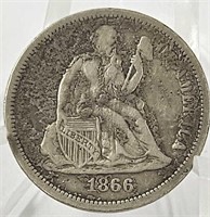 Rare 1866-P Seated Liberty Silver Dime F