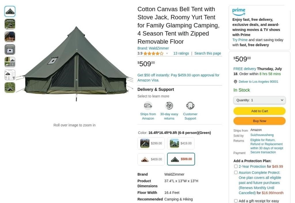 W8620  Cotton Canvas Bell Tent, Stove Jack, 16.4ft