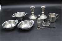 Pewter Candlesticks & Bowls, Sterling Snuffer+
